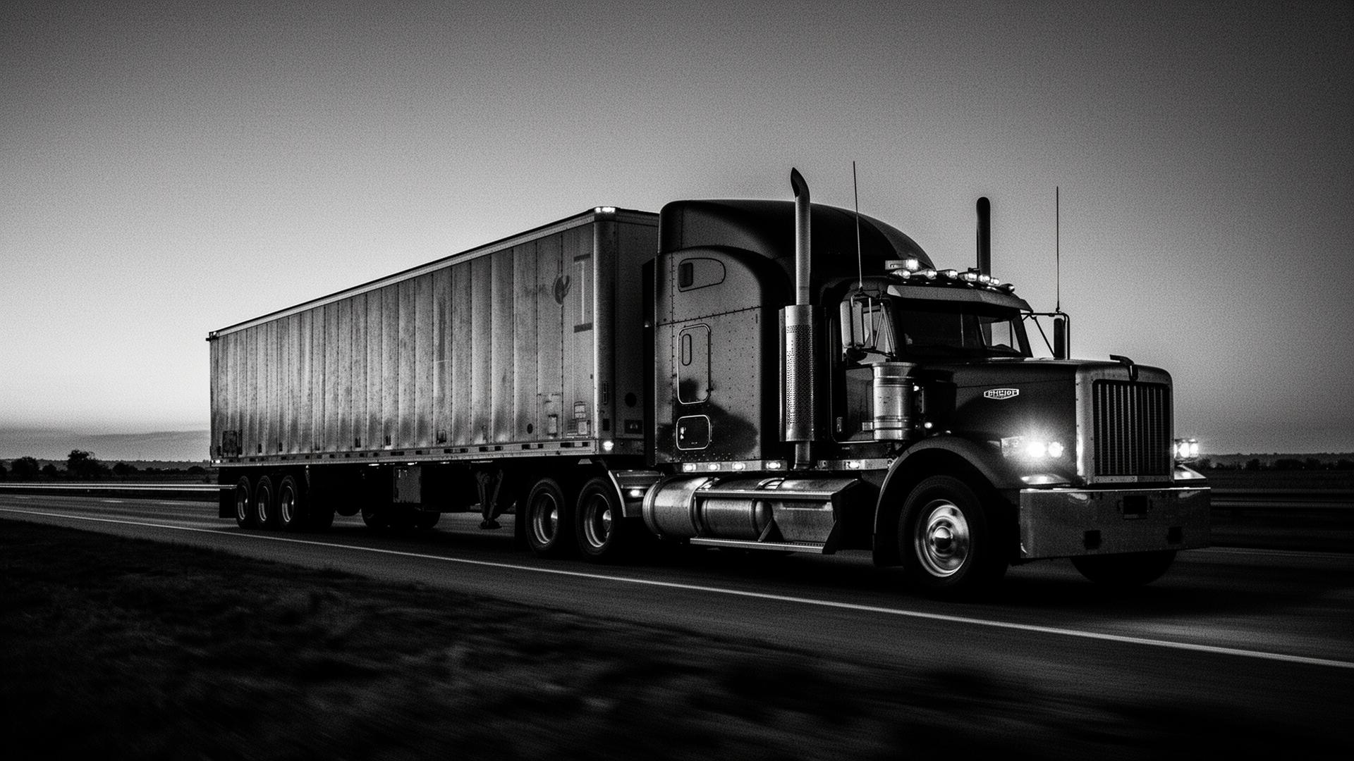 Heavy duty semi truck on highway at dusk