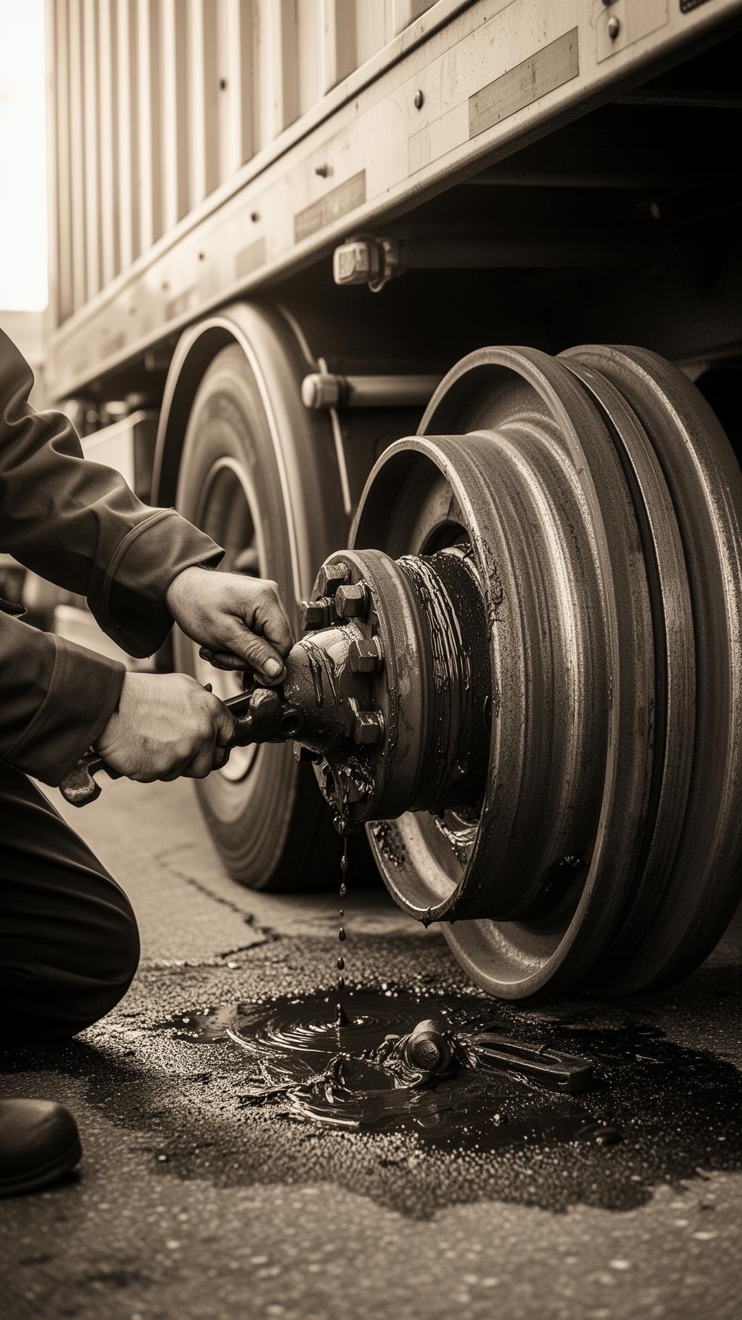 Mechanic servicing a heavy duty truck wheel